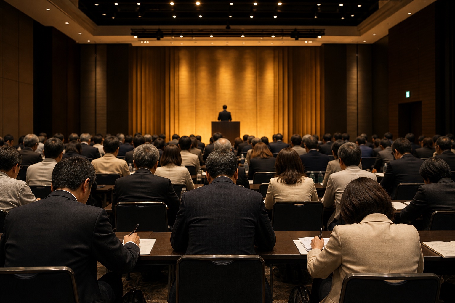 研修・講演会場を後方から見た風景、聴衆の後ろ姿